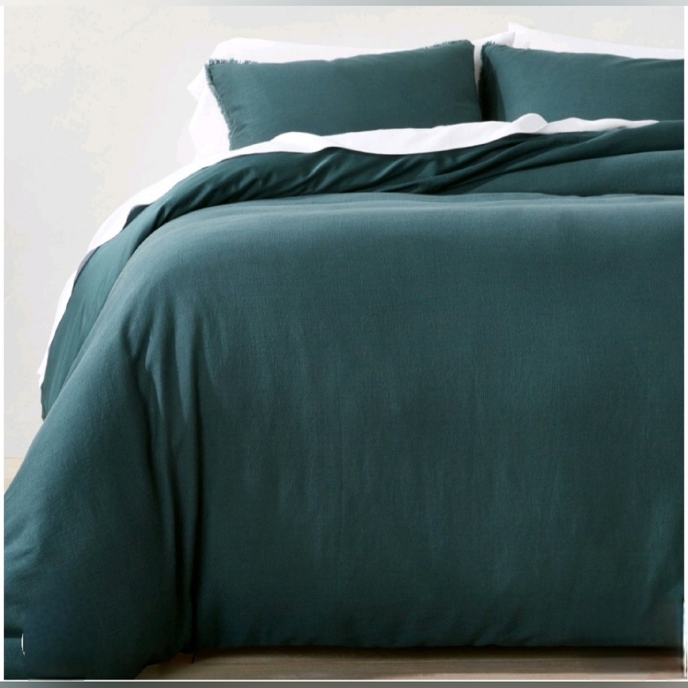 Casaluna F/Q Heavyweight Linen Blend Duvet Cover & Sham Set Dark Teal B…